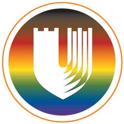 Image of Duke's shield on top of a rainbow background