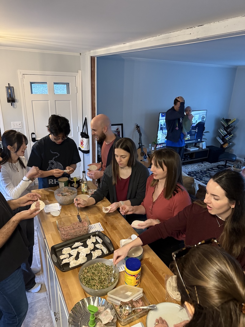 People eating a at kitchen island
