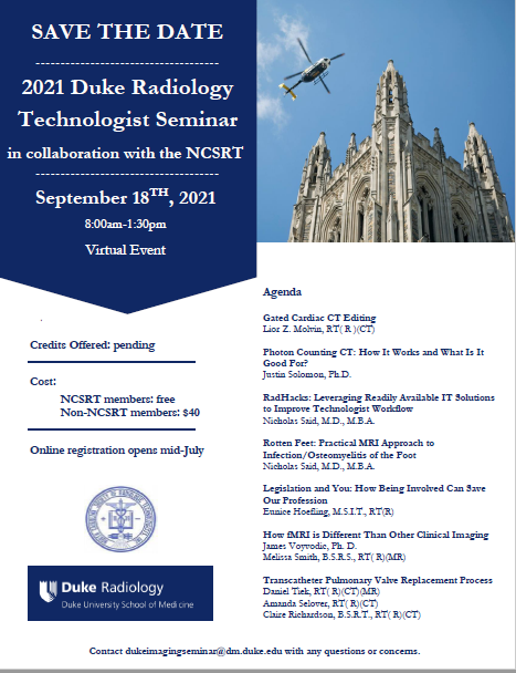 Save the Date flier for 2021 Duke Radiology Technologist Seminar