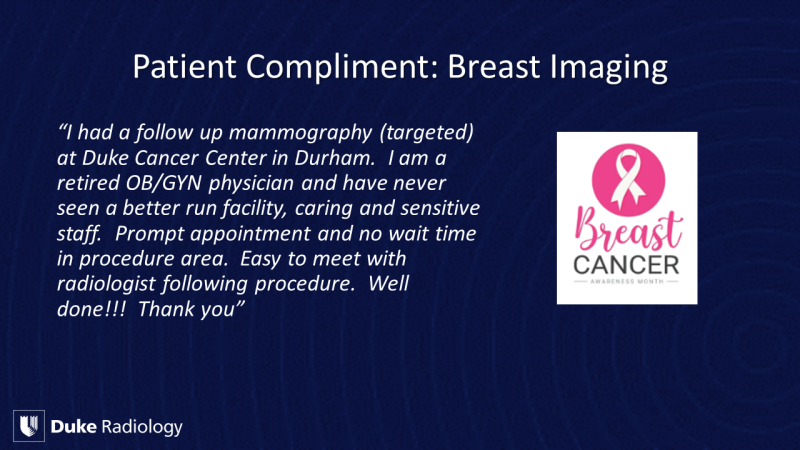 Patient Compliment to Breast Imaging Division