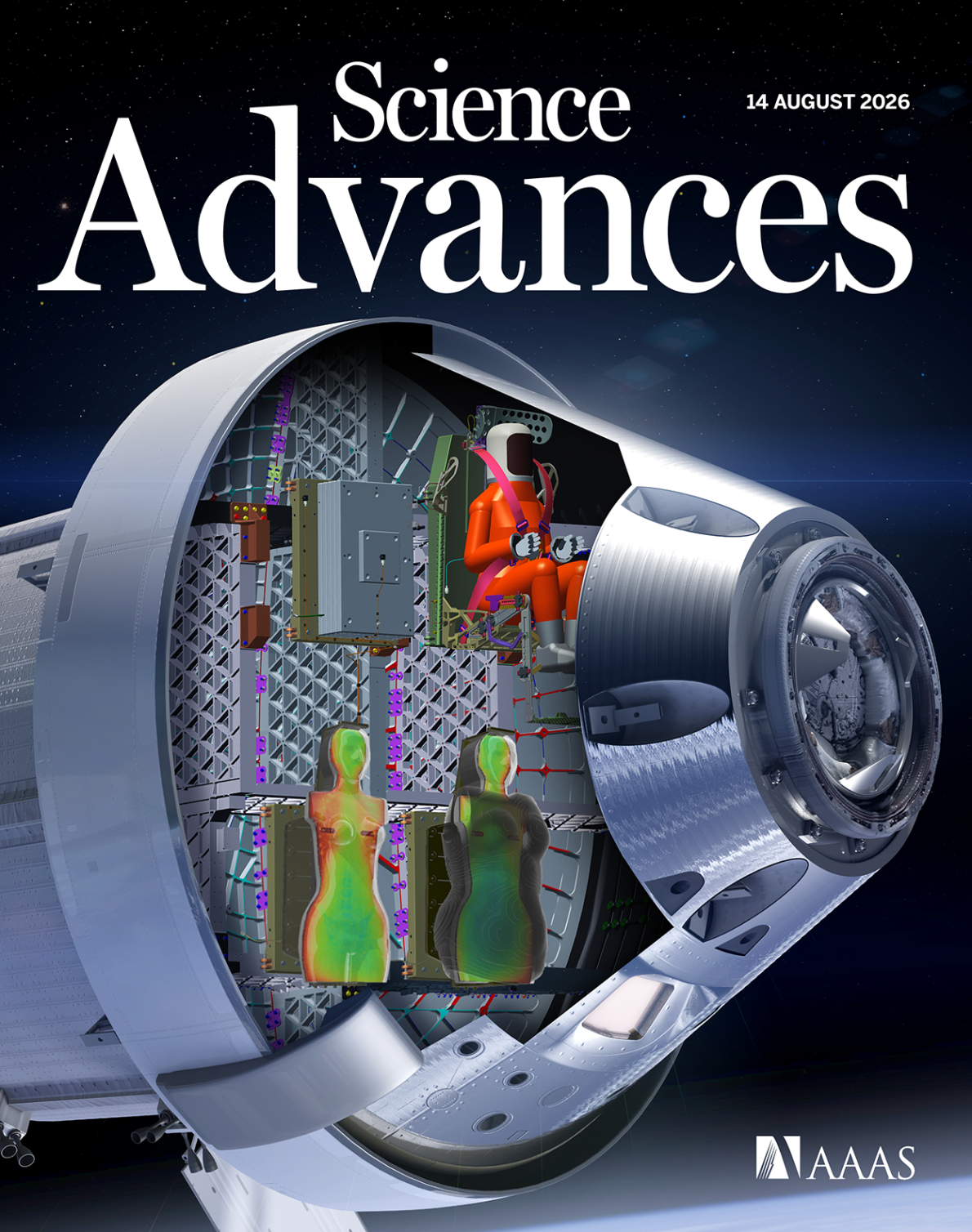 August 2026 Science Advances Journal Cover. Astronauts and mannequins in the nose of a space capsule