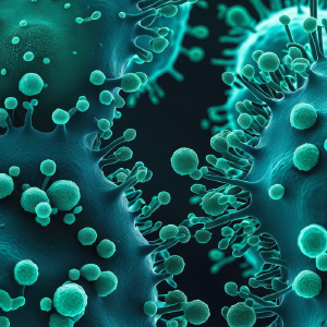 Close-up 3D rendering of cancer cells with receptor targets.